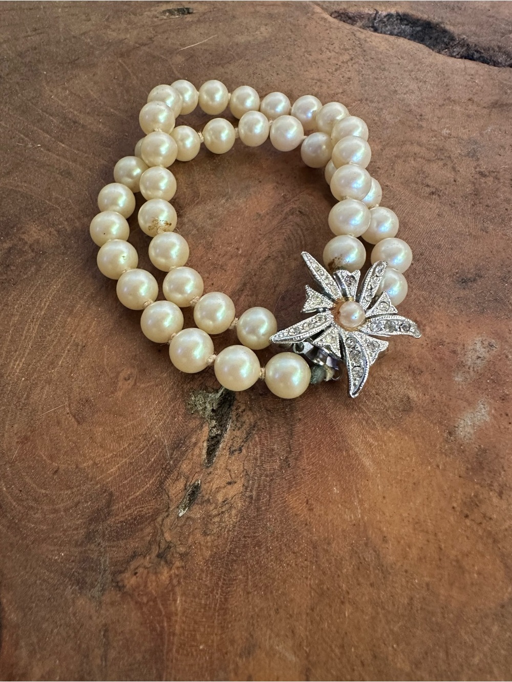 Vintage Faux Pearl Wrap Bracelet with Rhinestone Flower Clasp